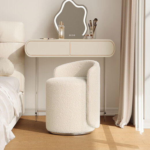 Shuhao makeup stool light luxury high-end home stool back girls bedroom dressing table chair round stool rotating manicure chair fixed style PU leather-off-white