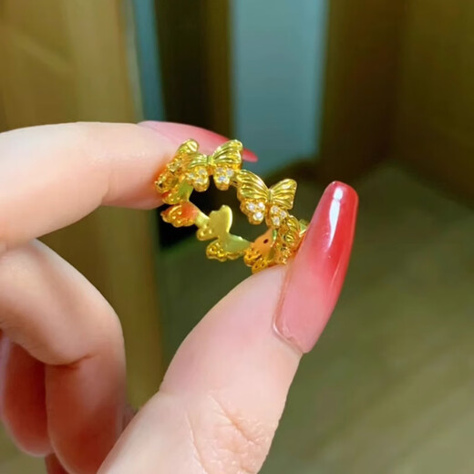Sea Rover gold dot diamond butterfly ring women's new pure gold 999 niche design ring Valentine's Day gift for girlfriend Gold small crooked butterfly ring 10-11# gold weight about 1.95g