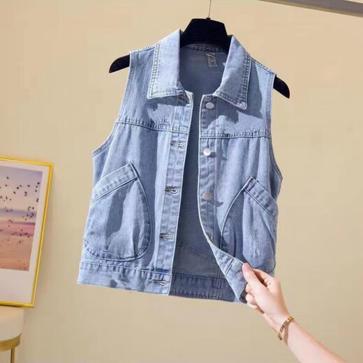 单南卫2024年春夏新款重工钉珠花朵牛仔马甲女短款破洞马夹背心坎肩上衣 浅蓝色 3291# S  建议体重95斤下
