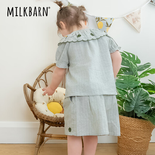 Milkbarn2025 Nouveaux produits de printemps et d'été pour le costume à manches courtes pour enfants pour les chemises pour filles, short, vêtements pour enfants, vêtements à la mode de bébé, rayures vertes de riz, 110 (3-4 ans de référence de 100 à 10 h)