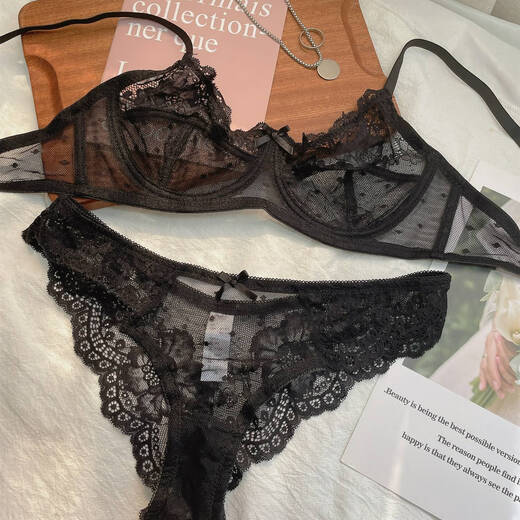 French sexy lingerie women's pure half cup transparent bra set thin European and American lace panties bra white thong set 70AS code