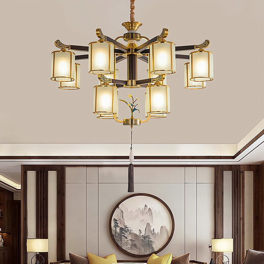 欧普照明（OPPLE）2025新款朝下全铜新中式客厅吊灯中国风高端大气别墅餐厅茶室大厅 9889-全铜6头 全光谱三色led灯