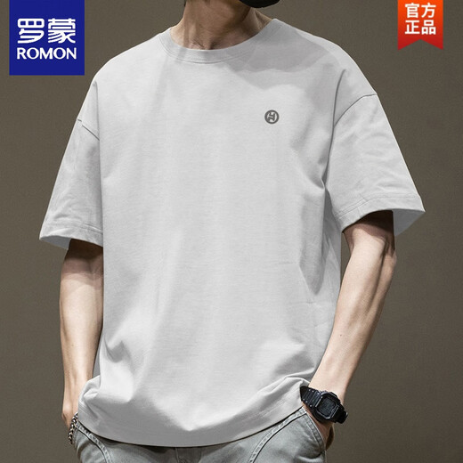 ROMON trendy American short-sleeved T-shirt men's summer pure cotton round neck versatile casual 2025 new trendy brand loose Hong Kong style T-shirt white-1365 short-sleeved-pure cotton S recommended 80-110Jin Jin equals 0.5 kg