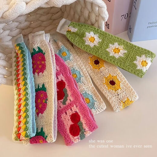 French pastoral style knitted floral Velcro headband for women with forehead bangs and broken hair, hairband-style post / green flowers + yellow flowers