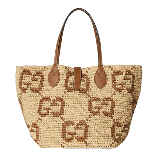 Gucci (GUCCI) Women's Medium Brown Raffia Effect Fabric GG Graphic Underarm Shoulder Bag 8182229AAGM9767 26x28x26cm