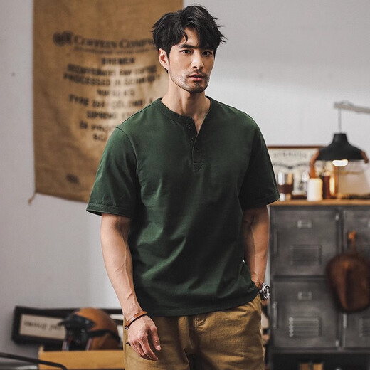 Jay Leno American 320g heavyweight t-shirt men's short-sleeved polo shirt men's 2025 new loose tough guy Henry shirt t-shirt for men military green 3XL suitable for 180-200Jin Jin equals 0.5 kg