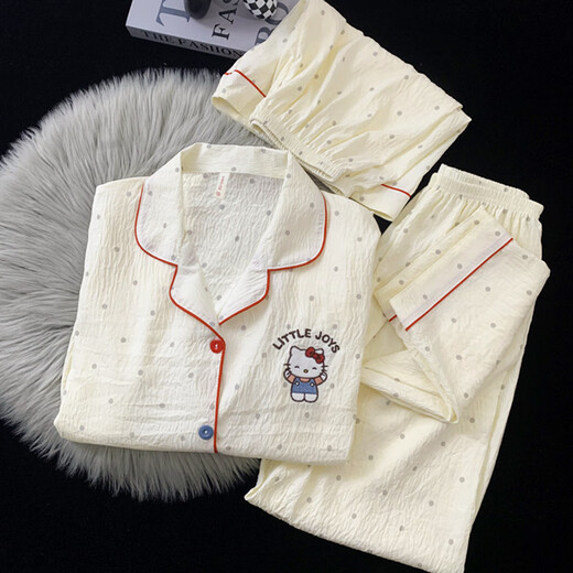 Jingpufei HelloKitty short-sleeved pajamas three-piece set cute Melody cotton silk home clothes Yunduo Cotton-9906# Star Puppy Three-piece set M [Suggestion 75-100Jin [Jin equals 0.5 kg]]