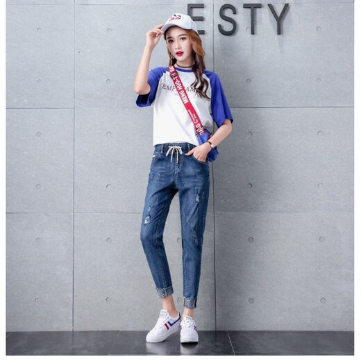 Hongchen Man riss Jeans für die geschnittene Hose Frühling und Sommer neuer koreanischer Stil elastischer Taille Lose Slim Small Legged Hosen für Frauen 9901 Hellblau 26 Größen 80 bis 90 Jin [Jin entspricht 0,5 kg]
