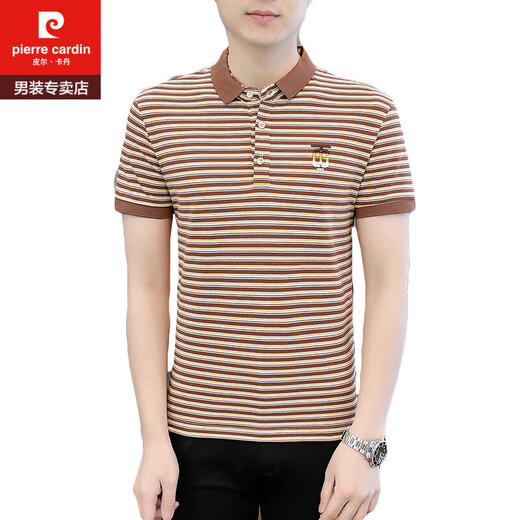 皮尔卡丹（PIERRE CARDIN）男士条纹短袖polo.衫夏季薄款纯棉带领t恤潮流百搭冰丝上衣服V 6626卡其色 M 斤左右