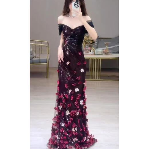 One-shoulder toast dress, bride, flower sequins, engagement banquet evening dress, fishtail dress, host's art test, burgundy XL