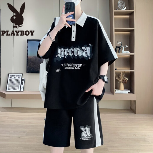 花花公子（PLAYBOY）青少年短袖t恤男孩夏季12-15岁初中高中学生polo衫13帅气大童套装 NZJ-6629白色(短袖+短裤) M 75至105斤