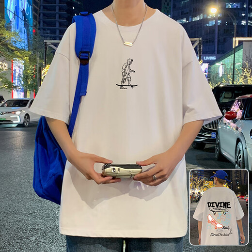 常缕竺纯棉T恤男潮牌潮流休闲宽松圆领短袖男生青少年夏季新款百搭体恤 3892粉红 XL 约140-160斤可穿