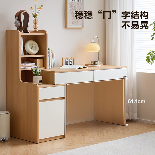 Quanyou Home Log Style Desk and Bookshelf Combination All-in-One Office Study Computer Storage Table Bedroom Bedside Writing Desk