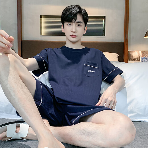 咖款睡衣男夏季纯棉薄款短袖短裤可外穿休闲男士加大码凉感家居服套装 9928# L 【建议100-120斤】