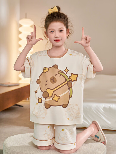 Mädchen Pyjamas Sommer 2025 Neues Kapibala reines Baumwoll große Kinderheimkleidung kurzärmelige Mädchen Sommer dünner Stil N829 Pacha 100 cm/8 Größe [Höhe 85-102 cm]