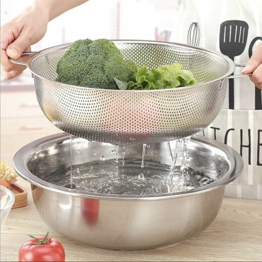 Bodenju stainless steel sink drain basket household fruit basin vegetable basket kitchen vegetable basket water food grade double ear dense hole basin 28.5CM leaky basin + 31CM solid basin