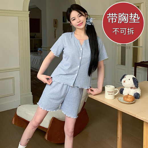 S.Sofea Sommer kurzärmelig Jacquard Pyjamas weiblicher Prinzessinstil Dünner zweiteiliger Set Doppelkurzer Set DW683 Blaue Blume (mit Brustpolster) 185 xxl (140-160jin [Jin entspricht 0,5 kg]))