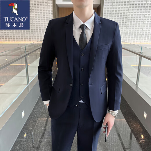 Woodpecker Casual Suit Suit Men's Slim Business Professional Formal Korean Style Groomsmen's Dress Groom's Host Suit Jacket Black Two-Button Suit + Pants + Shirt + Tie XL