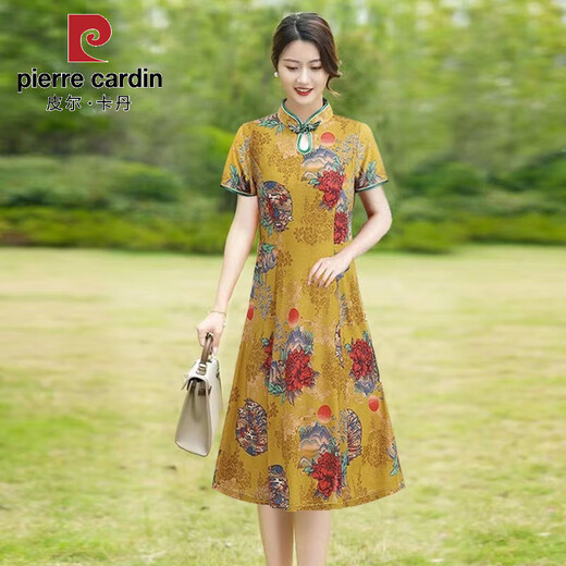 Pierre Cardin cheongsam women's mid-length summer women's wear 2025 new middle-aged mother short-sleeved cheongsam dress improved retro dress 698 green XL recommended 90-110Jin Jin equals 0.5 kg