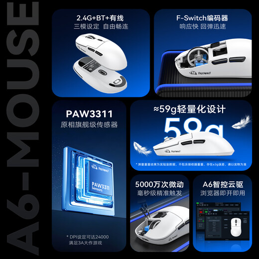 Free Wolf A6 Gaming-Maus mit drei Modi, kabellos, kabelgebunden, Bluetooth, E-Sport, leicht, universeller USB-Desktop-Laptop, ergonomische Peripheriegeräte für Jungen und Mädchen, PAW3311, lange Akkulaufzeit, A6 Weiß, drei Modi/24000 DPI – 1K Rückgaberate