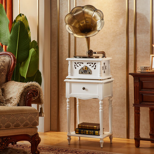 SHENGLINA American solid wood gramophone retro vinyl record player nostalgic national old-fashioned antique large speaker living room audio European record player white copper speaker + subwoofer