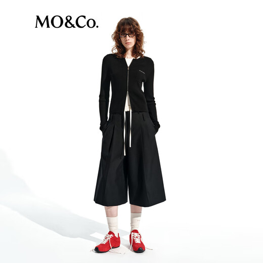 MO&Co. Three-quarter wide-leg pants with spring splicing and high-waist design, sheep wool worsted MBE1SOT008 black M 165