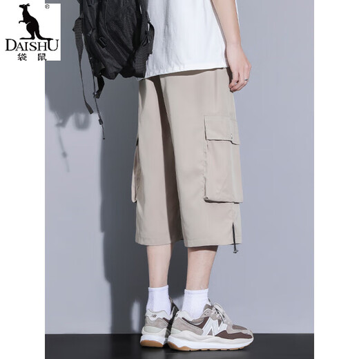 袋鼠（DAISHU）卡其色工装七分裤男夏季冰丝薄款宽松百搭短裤休闲运动过膝八分裤 FJA430-679卡其 XL