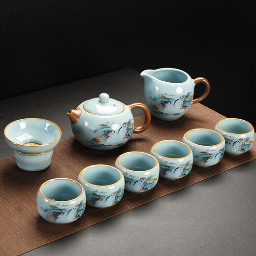 Good Luck Enjoy Thousand Miles of Rivers and Mountains Ru Kiln Kung Fu Tea Set Azure Enamel Ceramic Teapot Cover Bowl Tea Tray Light Luxury Thousands of Miles of Rivers and Mountains Tea Set Gift Box + Tea Tray 11 Pieces