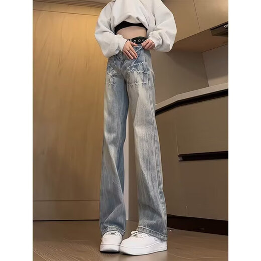 Yiran presents jeans for men with slightly flared autumn and winter style, lightning pattern, handsome design, American high street scimitar straight pants for men, black L recommended 105-125 Jin Jin equals 0.5 kg