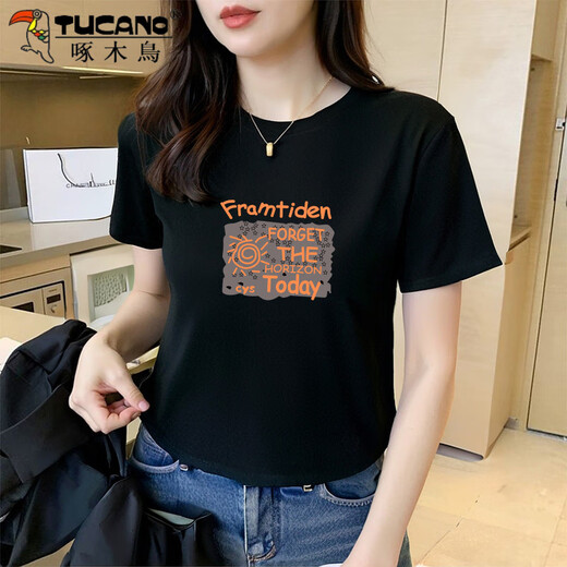 Woodpecker (TUCANO) Kurzarm-Damen-T-Shirt aus Baumwolle mit gebogenem Saum, Sommer, schlank, Rundhalsausschnitt, Schulter, koreanische Version, 2025, einzigartiges, super gut aussehendes Oberteil, Ins 6197, schwarz, kurzärmelig, gebogen, S. Empfohlen 80–100 Jin Jin entspricht 0,5 kg