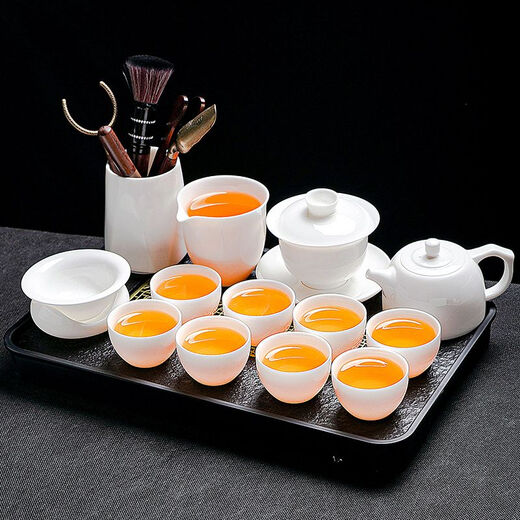 Tuojin German imported quality Dehua mutton-fat jade tea set household light luxury high-end white jade white porcelain kungfu teapot sweet white mutton-fat jade well railing teapot 10 pieces