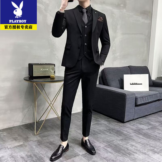Playboy suit men's high-end business casual suit Korean version slim fit groom and best man wedding dress full set men's black 2-button two-piece set 2XL recommended 135-145Jin Jin equals 0.5 kg