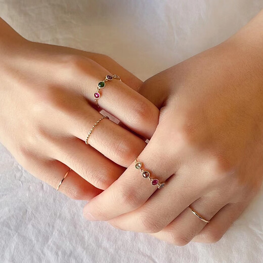 ZHIO high-end Korean pure 14K gold ring for women, round colorful diamond pull-out, adjustable soft ring, K gold ring, No. 1 color, pull-out and adjustment, maximum adjustable 18