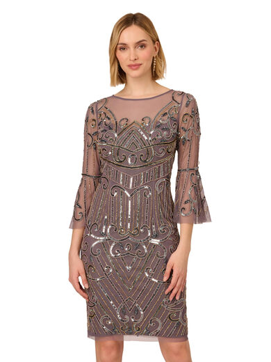 Adrianna Papell Women's Beaded Bell Sleeve Dress, Moonscape Moonscape 8
