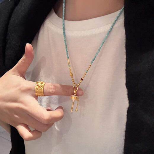 Allied gold six-word motto pendant for women new pure gold 999 turquoise necklace clavicle chain for girlfriend gold gold rotating turquoise necklace gold weight about 12
