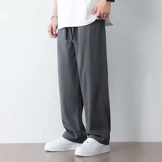 Pants men's 2025 new casual versatile loose straight pants summer ice silk quick-drying sports wide-leg men's pants black 2XL