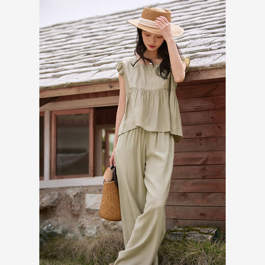 
Vanciman temperament casual flying sleeve top wide-leg pants suit for women 2025 summer new style free matching set M9901 khaki L