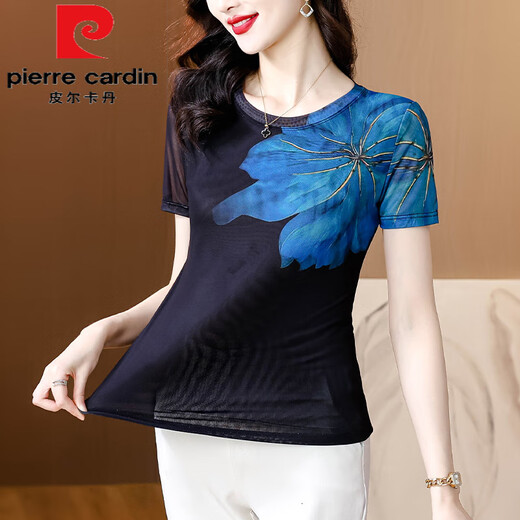 皮尔卡丹（pierre cardin）夏装2025新款圆领印花短袖T恤女洋气高端打底衫遮肉显瘦网纱上衣 黑色长袖 9892# XL 110-120斤