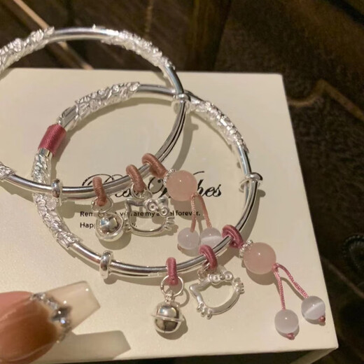 KZD2025 spring and summer new style 999 pure silver kitty silver bracelet sterling silver solid bell bracelet ins high-value bracelet flower kitty bell 28g with certificate gift box old