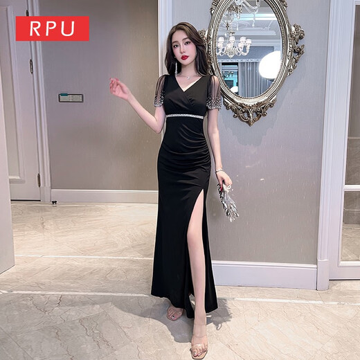 Kuzhang KTV Vestido de noche Mujer 2025 Nuevo Sexy Escotado Falda larga y delgada Técnico de baño de pies Ropa de trabajo Vestido dividido 3883 Negro Talla única 2xl