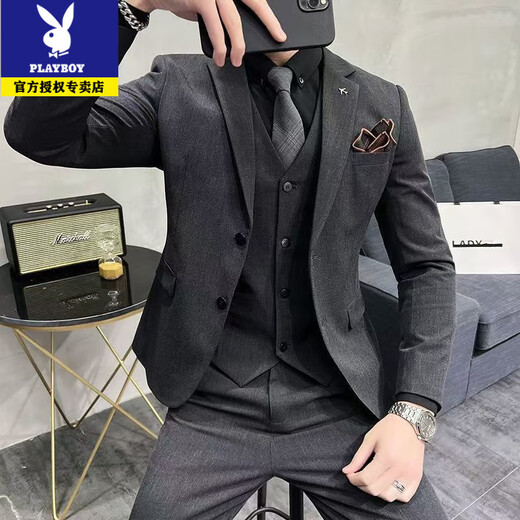 Playboy suit men's high-end business casual suit Korean version slim fit groom and best man wedding dress full set men's black 2-button two-piece set 2XL recommended 135-145Jin Jin equals 0.5 kg