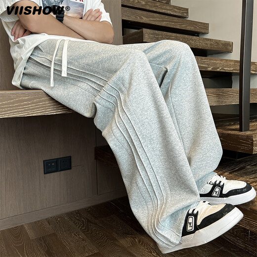Viishow American striped design casual pants men's trendy brand drape straight floor-length mopping pants spring and autumn heavy loose sports pants black XL