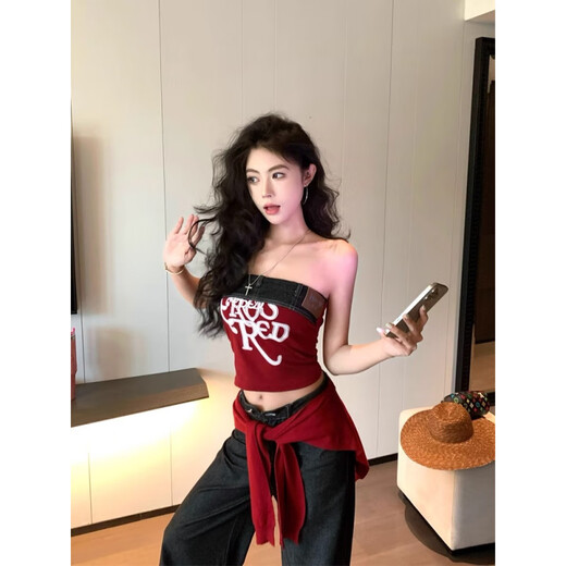 Chuangjingyi chooses red denim tube top summer hot girl one-shoulder Thai unique design vest red shawl S