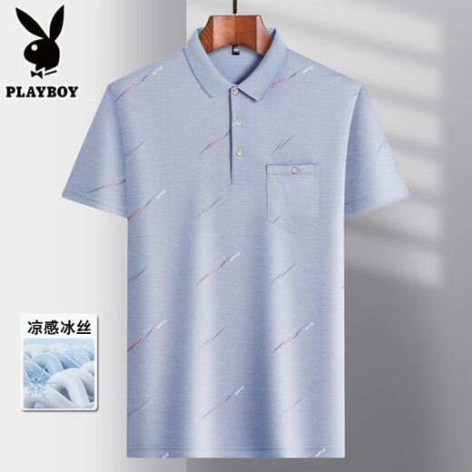 Playboy Ice Seide Kurzärärmelte T-Shirt mit mittleren Altersdaten mittleren Alters 2025 Sommer Neues dünn lässiges cooles, atmungsaktives Polo-Hemd Ice Seide-9923 Blau Real Tasche M 48/165