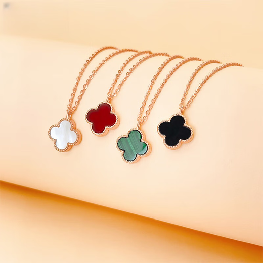 POP 18K gold lucky four-leaf clover versatile women's pendant necklace rose gold red agate double-sided chain 18K gold four-leaf clover necklace (red and black) rose gold (with 0.5-0.6gK gold necklace)
