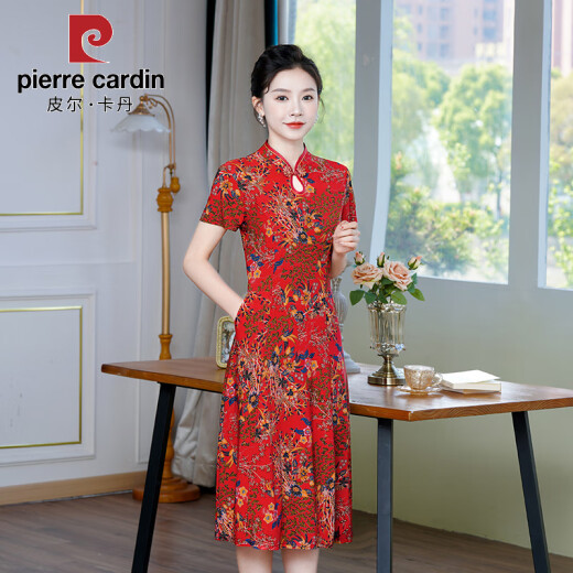 皮尔卡丹旗袍女中长款夏季女装2025新款中年妈妈短袖旗袍裙改良复古连衣裙 698绿色 6XL 建议155-165斤