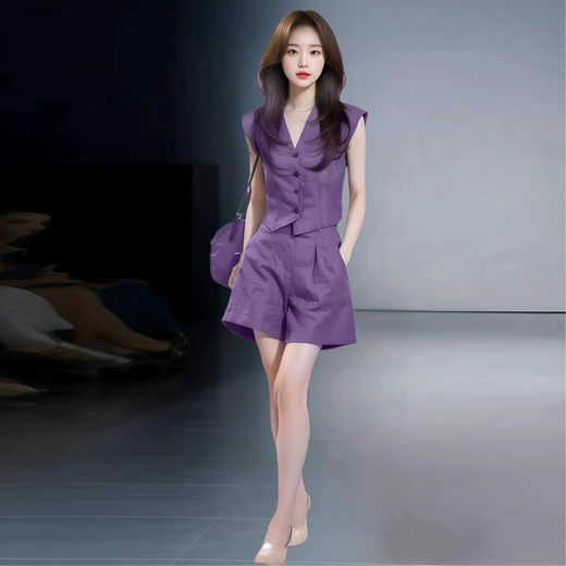 Xin Yimei suit suit women's thin 2026 summer new style slim V-neck sleeveless top wide-leg pants two-piece set purple short-sleeved top + purple trousers (set) M 95-110Jin Jin equals 0.5 kg