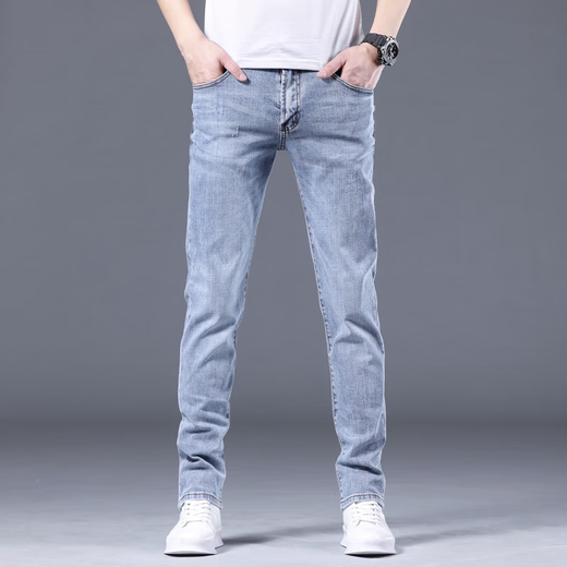 高端牛仔裤男士修身直筒小脚弹力2025夏季薄款休闲裤春秋长裤子男 B13浅蓝色 常规 32 建议130-140斤