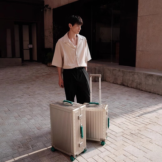 梦旅者全铝镁合金拉杆箱万向轮行李箱金属旅行箱男女 20英寸金配绿