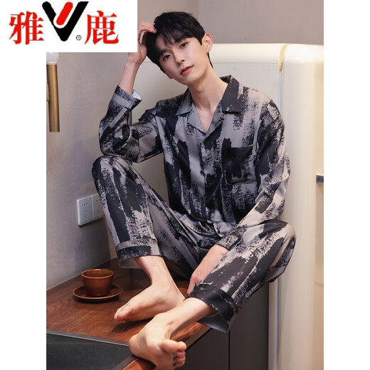Yalu Men's Pyjamas Spring and Automn Ice Silk Home Clothes à manches longues Men de grande taille de cardigan décontracté de grande taille neuve 6627 Gray-brun L